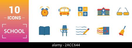 School icon set. Include creative elements school, bell, alphabet, history, art icons. Can be used for report, presentation, diagram, web design Stock Vector