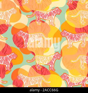 Bengal tigers hand drawn seamless pattern. Wild cats and colorful shapes vintage texture. Exotic animals, jungle fauna decorative background. Retro style wallpaper, textile design Stock Vector