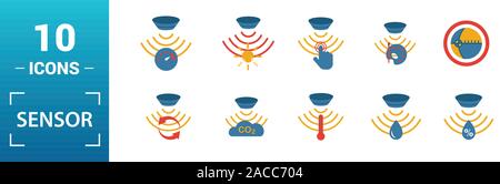 Sensor icon set. Include creative elements water quality sensor, smoke detector, gas, rain sensor, humidity sensor icons. Can be used for report Stock Vector
