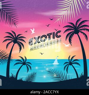 Sea panorama. Tropical beach. Vector background of sunset. Stock Vector