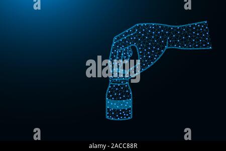Hand opens a bottle low poly design, medical supplies wireframe mesh polygonal vector illustration made from points and lines on dark blue background Stock Vector
