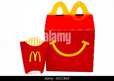 McDonald's Happy Meal cardboard box. McDonald's is a fast food restaurant chain Stock Photo