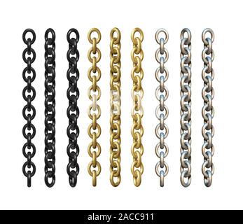 Gold, silver and black metal chains. 3d realistic vector Stock Vector