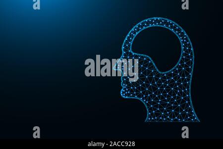 Human head and brain low poly icon, human organ abstract geometric image, medical wireframe mesh polygonal vector illustration made from points and li Stock Vector