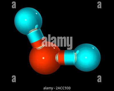 Water, molecular model. Water is one of the most abundant chemicals on Earth, covering almost 75 per cent of its surface. It is also present as vapour Stock Photo