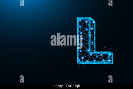 Letter L low poly design, alphabet abstract geometric image, font wireframe mesh polygonal vector illustration made from points and lines on dark blue Stock Vector