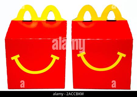 McDonald's Happy Meal cardboard box. McDonald's is a fast food restaurant chain Stock Photo