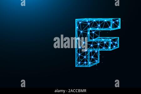 Letter F low poly design, alphabet abstract geometric image, font wireframe mesh polygonal vector illustration made from points and lines on dark blue Stock Vector