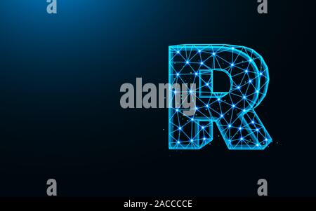 Letter R low poly design, alphabet abstract geometric image, font wireframe mesh polygonal vector illustration made from points and lines on dark blue Stock Vector