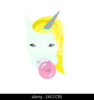 Bubble unicorn. Funny unicorn with horn and with a pink bubble gum. Crazy unicorn. Humor character t-shirt print composition, flat cartoon style print Stock Vector
