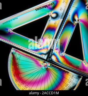 Stress patterns in plastic geometry instruments revealed by photopolarimetry. When plastic objects are manufactured, internal stresses may build up. T Stock Photo