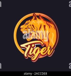 Tiger hand drawn logotype vector template. Dangerous predator face in round frame with typography. Angry wild cat head illustration isolated on black background. Sports team insignia, company logo Stock Vector