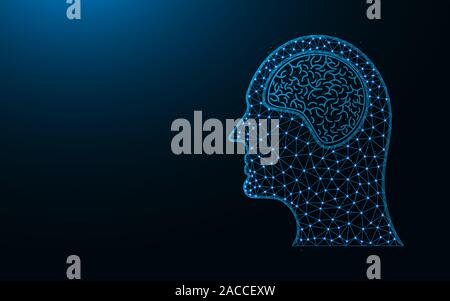 Human head and brain low poly icon, human organ abstract geometric image, medical wireframe mesh polygonal vector illustration made from points and li Stock Vector