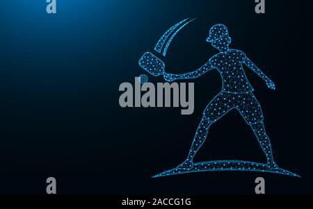 Pickleball player low poly icon, Sport wireframe mesh polygonal vector illustration made from points and lines on dark blue background Stock Vector