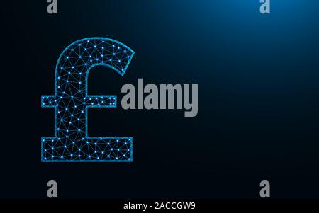 Pound sterling symbol low poly design, currency in polygonal style, money sign wireframe vector illustration made from points and lines on dark blue b Stock Vector