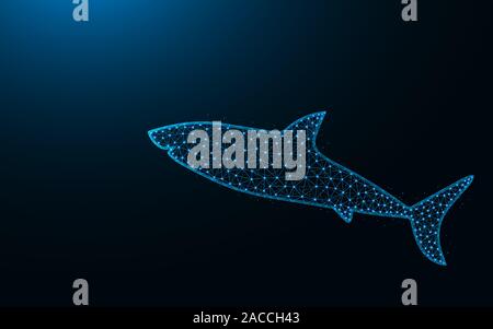 Shark low poly icon, sea predator wireframe mesh polygonal vector illustration made from points and lines on dark blue background Stock Vector