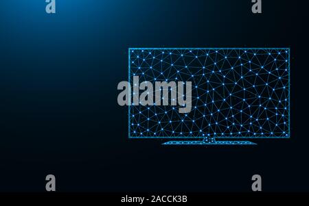 TV low poly icon, LED Television wireframe mesh polygonal vector illustration made from points and lines on dark blue background Stock Vector