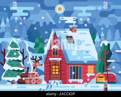 Snowy Winter Red Log House in Mountains Stock Vector