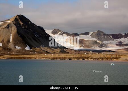 Ny Alesund, the world's most northerly inhabited settlement at latitude 78.55N, on the shoreline of the Kongsfjorden (King's Bay), Spitsbergen. Stock Photo