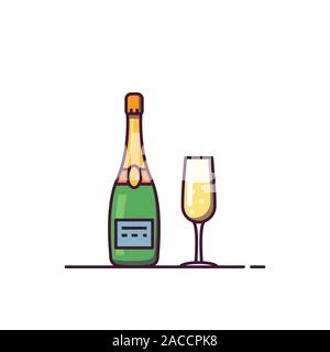 Champagne bottle and wine glass line style illustration. Luxury bottle of sparkling wine. Bubble alcohol. Line style champagne. New year and celebrate Stock Vector