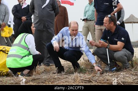 The Duke of Cambridge picks up rubbish washed up on the beach during his visit to Kuwait City's wetlands at the Jahra Nature Reserve to learn more about Kuwait's ambitious plans to protect its natural environment from human and environmental challenges. as part of his tour of Kuwait and Oman. PA Photo. Picture date: Monday December 2, 2019. See PA story ROYAL Tour. Photo credit should read: Andrew Matthews/PA Wire Stock Photo