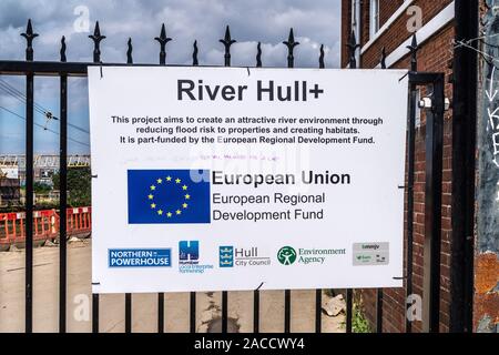 Sign detailing European Regional Development Fund project vandalised with anti-EU slogan, Kingston upon Hull, East Riding, Yorkshire, England Stock Photo