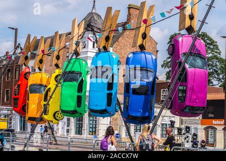 Renault Clio cars painted in bright colours, art installation by Generik Vapeur, SIRF, Stockton-on Tees, County Durham, England Stock Photo