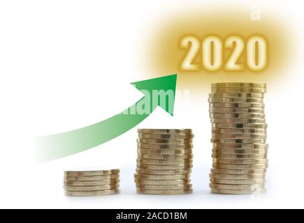 Green arrow up and growing stacks of golden coins showing wealth and prosperity in the new year 2020 for your business. Image template for presentatio Stock Photo