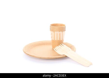 Eco - friendly plate with forks and cups isolated on white background. Disposable tableware Stock Photo