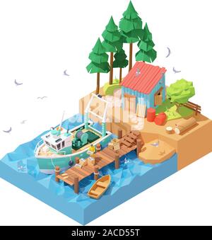 Vector isometric fisherman unloading catch from trawler on pier Stock Vector