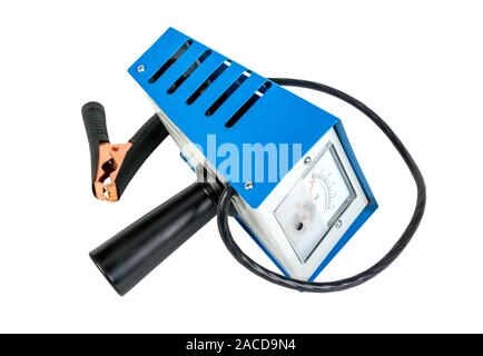 Analog car battery tester, power test load fork, isolated on a white background. Stock Photo