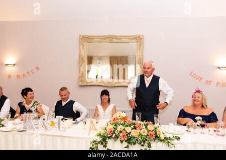 Father of the bride does his speech at a wedding reception, after party at the Manor Hotel and Guest House, Cheadle, Grade 2 listed Wedding Venue Stock Photo