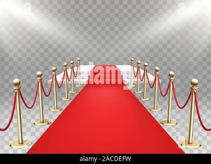 Red carpet event with three-step podium. Gold queue rope barriers posts stands. Realistic spotlights Stock Vector