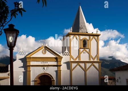 Church in Los Nevados village in andean cordillera Merida state Venezuela. Los Nevados, is a town founded in 1591, located in the Sierra Nevada Nation Stock Photo