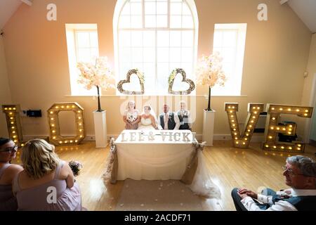 A tradition English indoor wedding ceremony at Floral Hall, Tunstall, Stoke on Trent, Wedding photography, celebration, traditional wedding Stock Photo