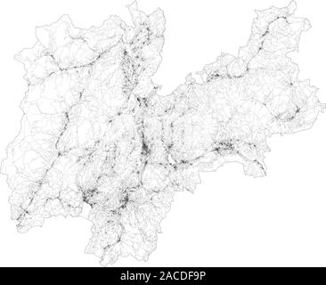 Satellite map of province of Trento, towns and roads, buildings and connecting roads of surrounding areas. Trentino Alto Adige, Italy. Map roads Stock Vector