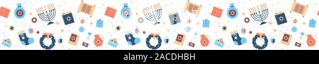 menorah torah bible gift box wreath icons set happy hanukkah judaism religious holidays celebration jewish festival concept seamless pattern horizontal vector illustration Stock Vector