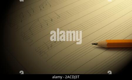 A pencil over a musical sheet with some hand written musical notes Stock Photo