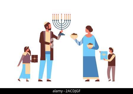 jews family holding menorah and gift boxes jewish parents children in traditional clothes standing together happy hanukkah judaism religious holidays concept horizontal full length vector illustration Stock Vector