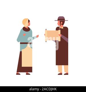 jews couple reading torah jewish man woman in traditional clothes standing together happy hanukkah judaism religious holidays concept full length vector illustration Stock Vector