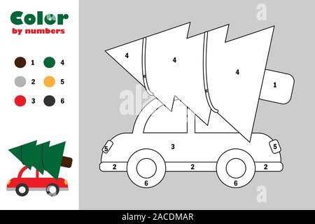 Fir tree on car in cartoon style, color by number, christmas education paper game for the development of children, coloring page, kids preschool Stock Vector