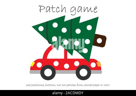 Education Patch game tree on car for children to develop motor skills, use plasticine patches, buttons, colored paper or color the page, kids Stock Vector