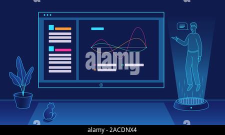 Online education course, internet study and distance learning. Virtual teacher and assistant explains graph information by interactive interface. Tuto Stock Vector