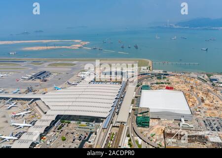Hong Kong, OCT 20: Aerial view of the famous Hong Kong International Airport on OCT 20, 2019 at Hong Kong, China Stock Photo