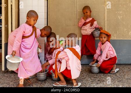 A Group Of Young Thilashin (Young Buddhist Nuns) Collecting Alms, Yangon, Myanmar. Stock Photo