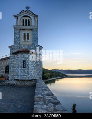 Sunset at the Monastery of  of St.Naum on the shore of Lake Ohrid in North Macedonia,  Europe. Stock Photo