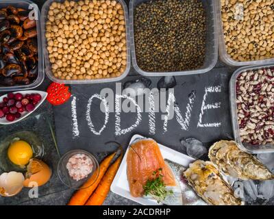 Assortment of healthy food containing iodine. Natural products rich in I, vitamins, micronutrients. Useful food for health and balanced diet Stock Photo