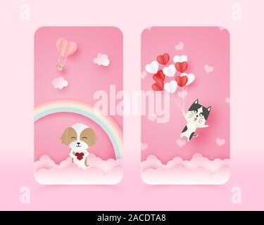 Illustration of love cute mobile wallpaper in paper cut style. Digital craft paper art Happy dog and flying cat. Stock Vector