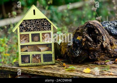 A bug hotel made out of wooden pallets and other wooden materials to encourage homes for invertebrates which is in the Clare Castle Country Park in Su Stock Photo