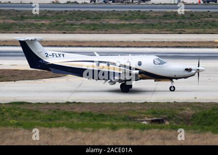 Istanbul / Turkey - March 27, 2019: Pilatus PC-12 2-FLYV private aircraft departure at Istanbul Ataturk Airport Stock Photo